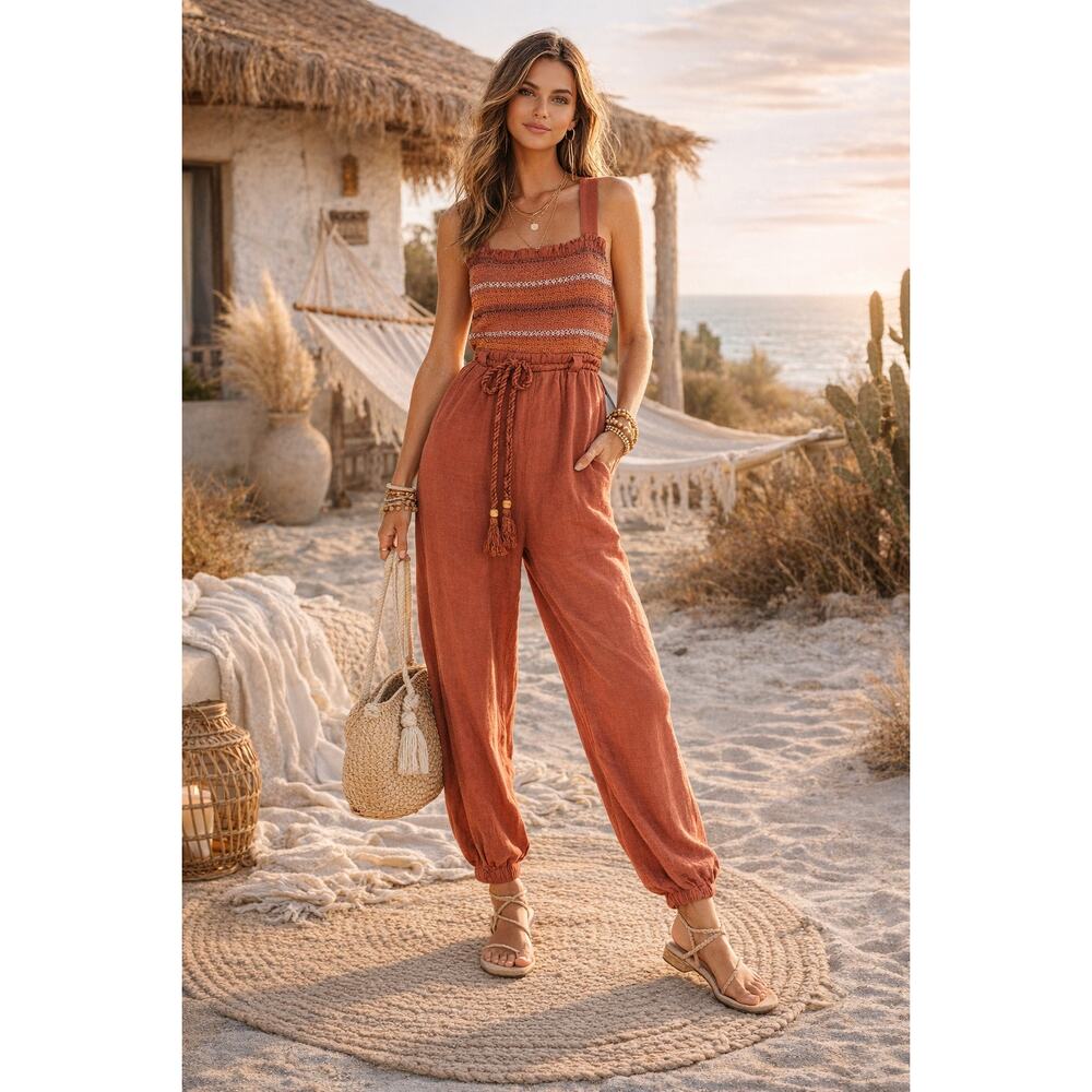 Free People Sienna Smocked Jumpsuit Sumac Rust Linen Blend Boho Size S